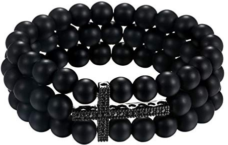 Flongo Perlen Edelstein Yoga Armband Wickelarmband Naturstein Kugelkette mit Zirkonia Kreuz Armreif Healing Reiki Mala Kette Männer Frauen