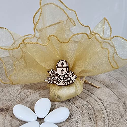 20 Sacchetti Comunione Calice Legno Confetti Inclusi bomboniere Offerta (Sacchetti Beige Calice Legno)
