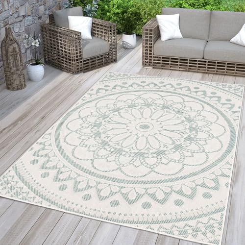 TT Home In-& Outdoorteppich Wetterfest Garten Orientalisches Marokkanisches Boho Design, Farbe: Türkis Weiß, Größe:120x160 cm