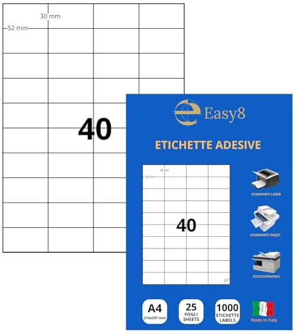Easy8 52x30 25 Fogli, Etichette Adesive A4, Autoadesive, Senza Margine, Stampabili, Bianche, compatibili con tutte le stampanti Laser, Getto d'Inchiostro, Fotocopiatrici