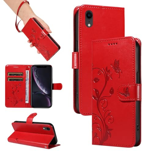 SRISHP Coque pour iPhone XR, Housse Etui Portefeuille Cuir PU Multifonction, Magnétique Étui de Protection Compatible avec iPhone XR, Rouge
