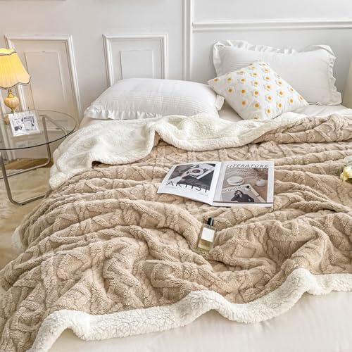 WONGS BEDDING Kuscheldecke 150x200 Flauschig Sherpa Decke, Sofaüberwurf Fleecedecke, Dick Sofadecke Doppelgesicht Extra Warme & Weiche Couchdecke Khaki Wohndecken