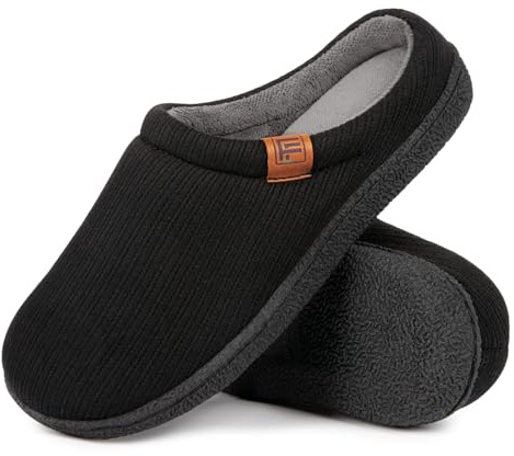 FamilyFairy Women’s Slippers Cosy Memory-Foam Striped Knit Non-Slip Indoor Outdoor Ladies House Shoes Black,5-6