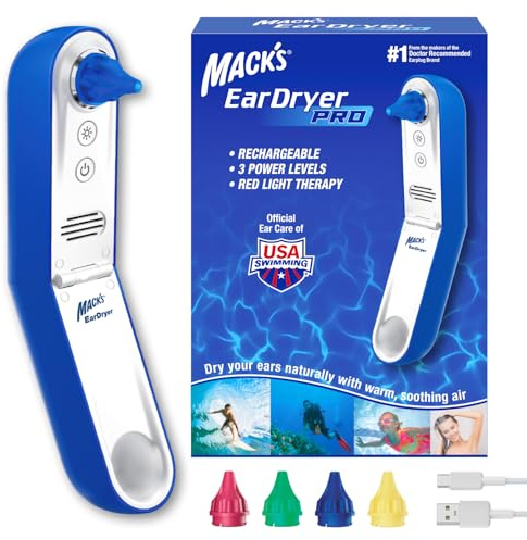 Mack's Ear Dryer PRO Rechargeable Warm Air Ear Water Drying Aid with Red Light Therapy and 3 Power Levels for Swimmers' Ears, Showering, Water Sports, Surfing, Scuba, and Hearing Aids