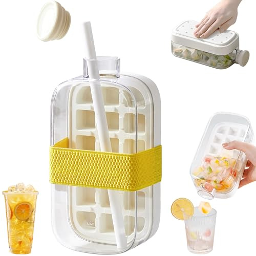 Innovative Patented 2 in 1 Portable Ice Cube Mold Bottle with Lid and Bin No Touch No Spill Single Press Easy Release Ice Maker Cup Container with Straw- 800ml