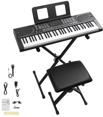 LEADZM Clavier Piano 61 Touches, Piano Numérique avec Touches Éclairées, LCD Écran, MIDI, Support X de Clavier Électrique, Banc de Piano, Pupitre, Casque, Microphone (Noir1)