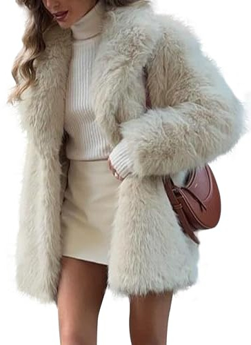 Women's Autumn and Winter Warm Soft Fluffy Long Sleeve Lapel Mid-length Faux Fur Coat Retro Fashionable Loose Casual Comfortable Furry Coat (Beige,S)