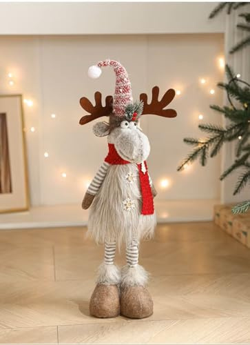 Generisch Weihnachts-Rentier Dekofigur, 70cm Stehender Plüsch-Rentier mit Strickmütze und Schal, Skandinavische Winterdekoration, Grau-Rot, Flauschige Wohnzimmer Tischdeko