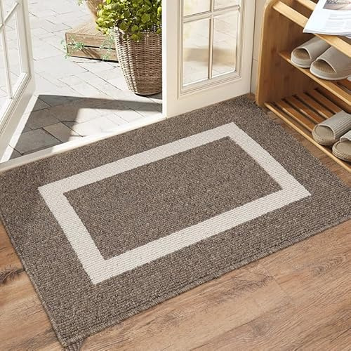 WELLTURN 50×80cm Zerbino Ingresso Interno Antiscivolo e Assorbente, Tappeto in Microfibra Lavabile con Base in Gomma per Cucina, Bagno, Porta e Animali, Cornice Marrone