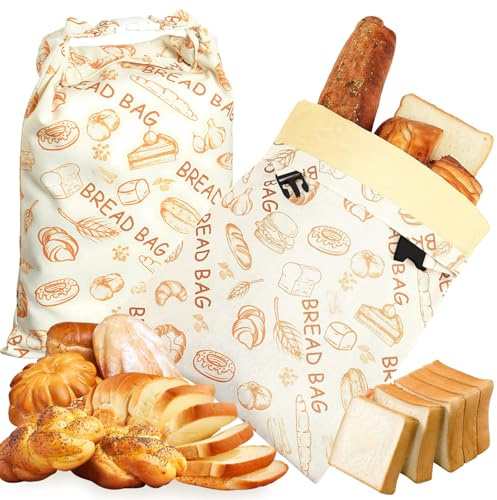 2Pcs Beeswax Bread Bags Reusable Bees Wax Bread Bag, 17 x 12 Inches Cotton Beeswax Breads Bag with Buckle, Bees Wax Cotton for Homemade Sourdough Breads Bags to Stay Fresh