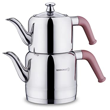 Korkmaz Riva Théière en Jeu Bouilloire Bouilloire pour Thé Bouilloire Samowar Acier Inoxydable 3 Liter Induction Appropriée Turc Thé Thé Noir