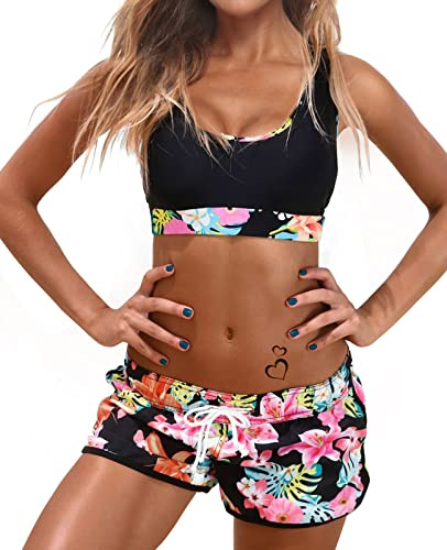 Womens Sport Two Piece Swimsuits Racerback Crop Top Boyshort Bottom（S，Black Print）