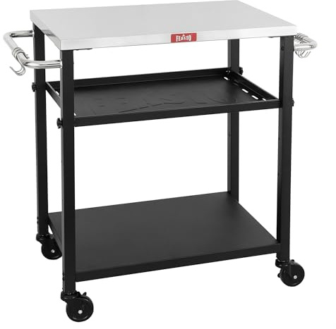 Feasto 3-Étagère Desserte de Jardin avec Plateau en Acier INOX | Chariot de Barbecue avec Étagère Centrale Réglable et 4 Roues Universelles, Idéal pour Intérieur et Éxtérieur, 87,5x41x84 cm