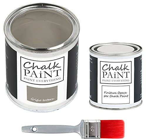 CHALK PAINT EVERYTHING Grigio Tortora & FINITURA + PENNELLO - Kit Pronto Vernicia e Proteggi (750 ml Colore + 250 ml Finitura + Pennello Professionale 40 mm)