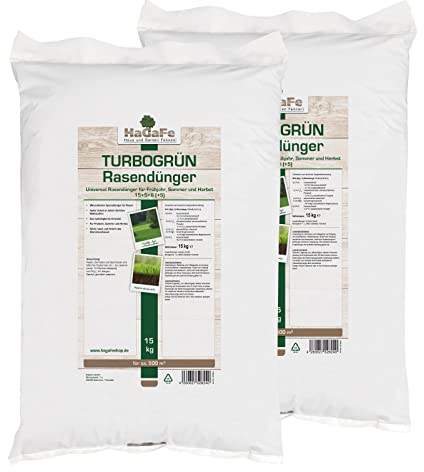 HaGaFe TURBO Rasendünger mit 15% Stickstoff, Universal Rasen - Dünger für Frühjahr, Sommer, Herbst, für schnelles sattes Grün (30 kg (2 x 15 kg))