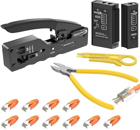 RedStar24 Crimpadora RJ45 – Kit de Herramientas de Red para Conectore Cat7/CAT6A/CAT6 / Pass-Through/Tester de Red LAN/Cortador Lateral/Pelacables/Conectores de Crimpado / 10x Conectores RJ45