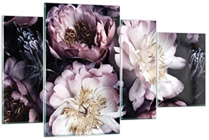 Mehrteilige Bilder auf Glas Pfingstrosen Veilchen Blumen Glasbild 120x70cm Wandbilder Dekoration Wohnzimmer Schlafzimmer Küche Set 4 teilige Groß Wanddeko Wand Kunstdruck Art Modern GDL120x70-5076