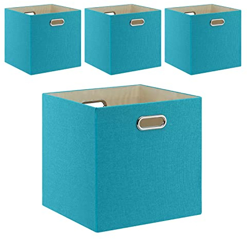 Fboxac Cube Storage Bins 13×13 Linen Foldable Box with Handles, Collapsible Organization Basket Set of 4 Large Capacity Drawer for Closet Shelf Cabinet Bookcase Bedroom, Lake Blue