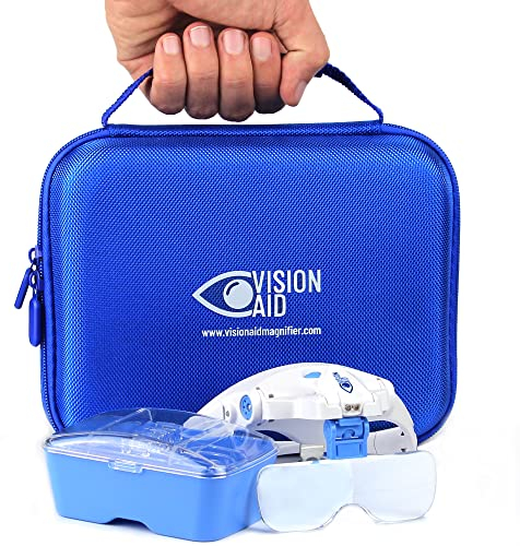Vision AID Lupen mit LED-Licht 5 Linsen Stirnband Schutzaufbewahrungsbox Brillenlupe Freihändige beleuchtete Kopflupe für Hobbyhandwerk Makuladegeneration Malerei Lupen für Brillenträger Naharbeit