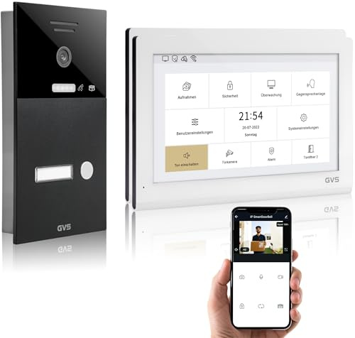 GVS IP Video Türsprechanlage mit Türöffner, 2X 10 Zoll Monitore & App | Smarte Video Türklingel mit Kamera und Monitor & App - Gegensprechanlage für 1 Familienhaus (AVS5402U)