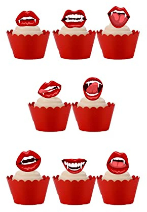 30 Stück Stand Up Halloween Vampir Mund Lippen Fangs Thema Essbare Oblatenpapier Cake Toppers Dekorationen