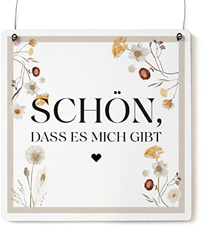 Interluxe Schild Holzschild XL - Schön, dass es mich gibt - Dekoschild Spruch Affirmation Japandi Freundin Freund Familie Blumen Wildblumen