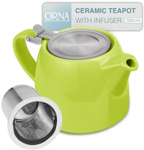 ORNA - Tetera de cerámica con filtro infusor y tapa, pequeña cafetera de porcelana para una o 2 personas, 550 ml, lima