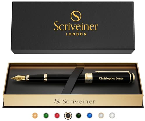 Scriveiner Black Personalisierter Stift - Luxus Füllfederhalter, Schwarzer Lack, Gold Finish, Deutsche Schmidt Feder (Mittel), Bestes Graviertes Füllfederhalter Geschenkset, Namensgravur