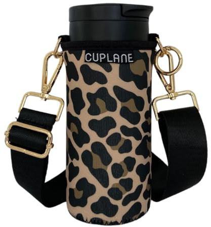 CUPLANE Becherhalter zum Umhängen - Set mit Thermobecher (350ml) Leo-Print | Crossbody | Travel | Hund | Coffee Togo | Thermobecher | Kinderwagen
