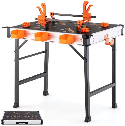 GiantexUK Folding Workbench, 450KG Heavy Duty Work Table with 2 Quick Clamps, 4 Clamp Dogs, 3 Storage Boxes & Measurement, Portable Work Bench for Garage Workshop Engineering Repairing, 85x60x74cm