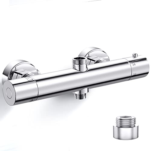 ROWINNAO Duscharmatur Mit Thermostat Runden Duschthermostat Messing Mischbatterie für Dusche mit 2 Auslässen, Oben 3/4BSP(26.4 mm) + Unten 1/2BSP(21 mm), Brausearmatur mit 38 °C Sicherheitstaste