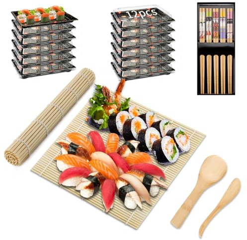 Mbsomnus Set da 20 pezzi per sushi, 12 piatti da portata con coperchio, 1 tappetino per sushi, 5 paia di bacchette, 1 spargiso e paletta per cibo per feste, buffet, noci, sushi