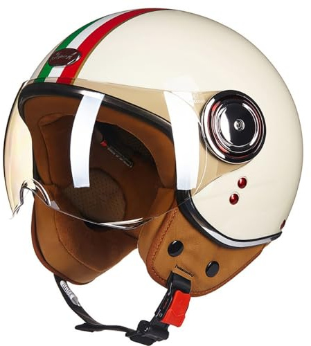 Open Face Motorbike Motorcycle Helmet, Vintage Half Motorbike Helmet with Transparent sunshade, ECE 22-06 Certified, Retro Adult Crash Moped Helmet with Sun Visor for Men and Women