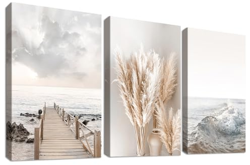 3 st. väggkonst på canvas med träramar, kust, strand, havslandskap, nordiska beige pampasgräsbilder för vardagsrum, sovrum, kök, hall, trappa, väggdekoration 150 x 70 cm (20” x 28” x 3 st.)
