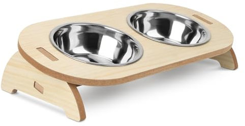 OWill Katzennapf Erhöht, 15° Erhöhte mit Geneigtem Ständer, 2 Katzennapf aus Edelstahl, Futternapf Katze mit Holzständer für Katzen und Welpen