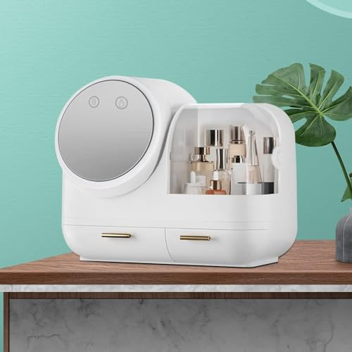 Lilyeriy Make Up Organizer mit LED Licht HD-Spiegel Kosmetikorganiser für Kommode, Schlafzimmer Organizer Schminke mit Staubdichte Abdeckung USB-Aufladung rosa/Weiß/grün (Weiß)