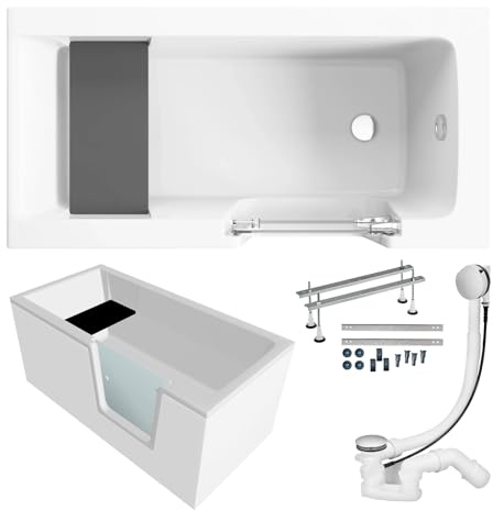 KOLMAN KOMPLETTSET 5in1 Acryl Weiß Wanne Badewanne Rechteck 140x70 cm, Seniorenbadewanne mit Glastür und Holzsitz AVO Rechts, Made in EU, Premium Ablaufgarnitur in Chrom & Wannenfüße