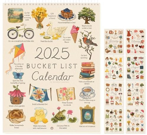 2025 Bucket List Kalender, 22,9 x 30,5 cm, 12 Monate, großer Wandkalender mit Doppelspirale, Drahtbindung, Wandkalender mit Haken, dickes Papier, To-Do-Liste und Notizen, Wandkalender zum Planen oder