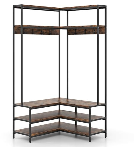 GIANTEX L-förmiger Kleiderständer, Garderobenständer mit Sitzbank, Ablage & Haken, 90 x 90 x 178 cm, Industrie-Design Garderobe für Ecke (Braun)