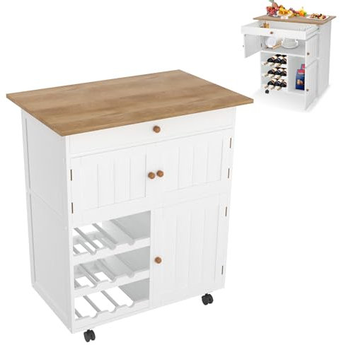 Froadp Carro de cocina con ruedas, isla independiente, cajón y estante para especias, armario multifuncional, color blanco (85 x 40 x 70'