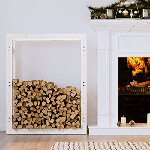 KHYTEBV Kaminholzregal Weiß 80x25x100 cm Massivholz Kiefer, Kaminholzregal, Brennholzlagerregal, Kaminholzregal, Lüftungsgitter aus Metall für den Kamin