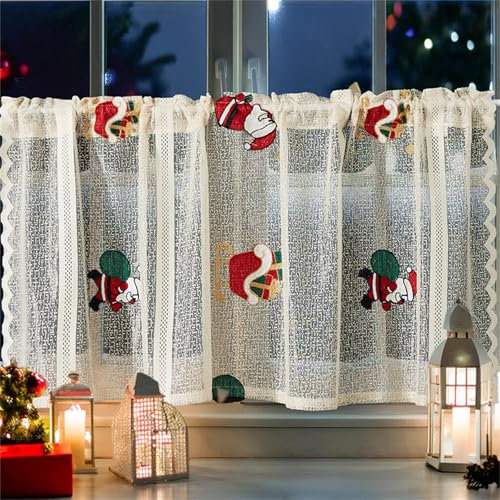 champracer Scheibengardinen Weihnachtsgardinen, Glocken, Bestickt, Spitze farbenfroher Kurzstore, Bistrogardine, landhausgardinen, Durchsichtige Weihnachtsvorhänge für Küche (B,BxH 140x60 cm)