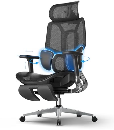 Hbada E3 Air Ergonomischer Bürostuhl mit 3-Zonen dynamischer Lendenwirbelstütze, 4D verstellbare Kopfstütze, 6D-Armlehnen verstellbar, Schreibtischstuhl mit Fußstütze (E3 Air, Schwarz)