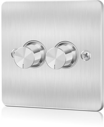 Aroidful 220-240V LED Dimmer Switch,Trailing Edge, Dual-Dimming, Silver | Rotary Push On/Off, 2 Gang 1 Way/2 Way, 5-200W, Double Dimmer Light Switch for Dimmable LED/Incandescent/Halogen