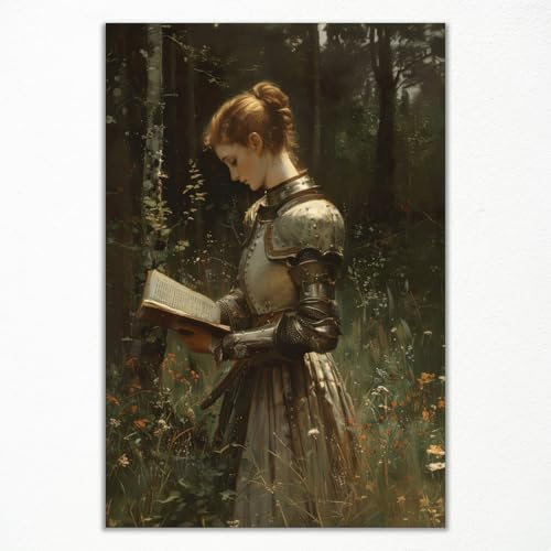 Väggkonst Lady Knight Reading In The Forest, oljemålning kvinna med riddar i vintagestil, medeltida fantasy-affisch på duk, mörk academia bild med vilda blomfält 30 x 40 cm oinramad