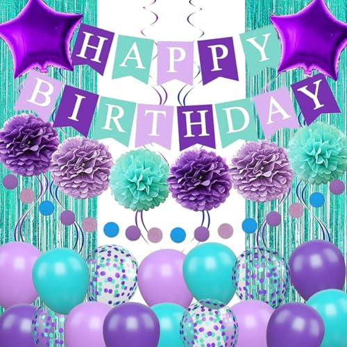 Nacori Meerjungfrau Geburtstag Deko Mädchen Frauen: Lila Grün Türkis Luftballons Happy Birthday Banner Girlande Lametta Vorhang für Geburtstag Party Deko