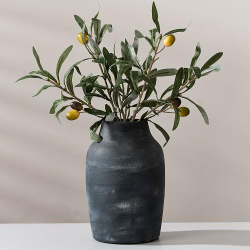 PORCER Rustikale Bauernhaus-Blumenvase, Keramik, 18,3 cm, Boho-Terracotta-Vase für Heimdekoration, Wohnzimmer, Tisch, Regal, Kamindekoration, Bauernhaus, Schwarz