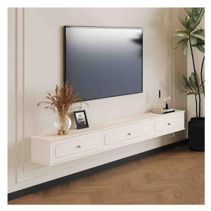 Banc TV Meuble TV Flottant, élégant Centre de Divertissement Mural Vintage avec Rangement, Console TV Flottante avec 1 Armoire et 2 tiroirs Meuble TV(Blanc,200x24x20cm)