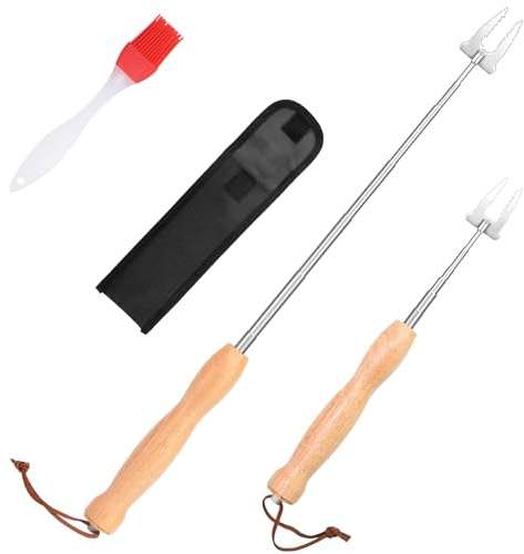 Snowtain Teleskop Grillspieße Set – 2 BBQ Spieße ausziehbar + 1 Silikonpinsel – Marshmallow Spieße & Stockbrot Stöcke für Lagerfeuer, Camping, Grillabende