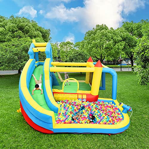 Zepneiy Chateau Gonflable Exterieur avec Toboggan, Aire de Jeux Gonflable avec Piscine Aquatique et Filet de Football, pour Enfants de 3 à 8 Ans, 364 x 315 x 239 cm